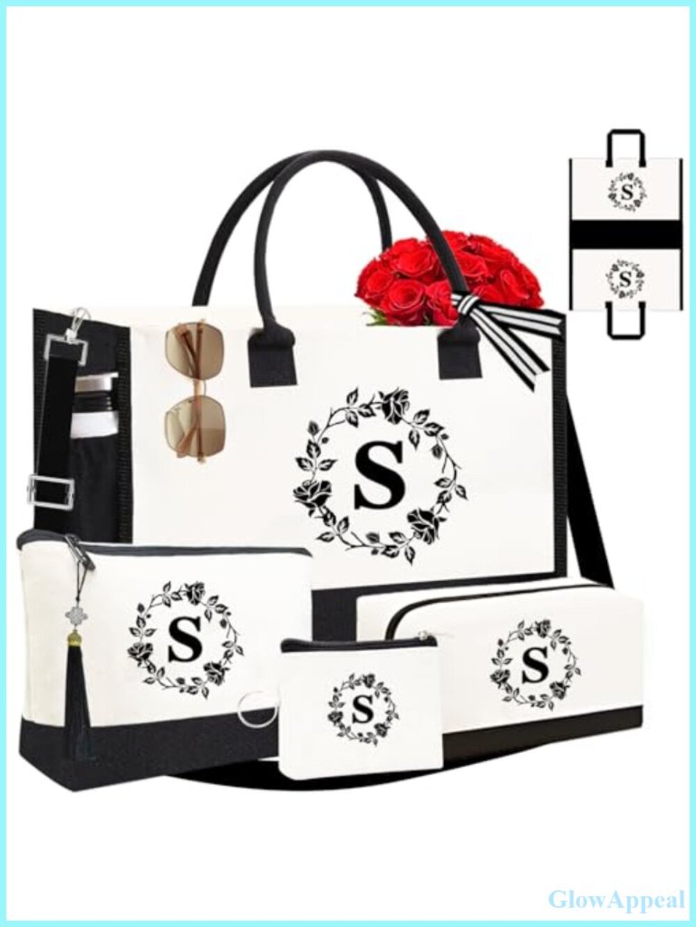 Personalized Monogram Canvas Tote Bag Set 4pc Embroidery Makeup Bags